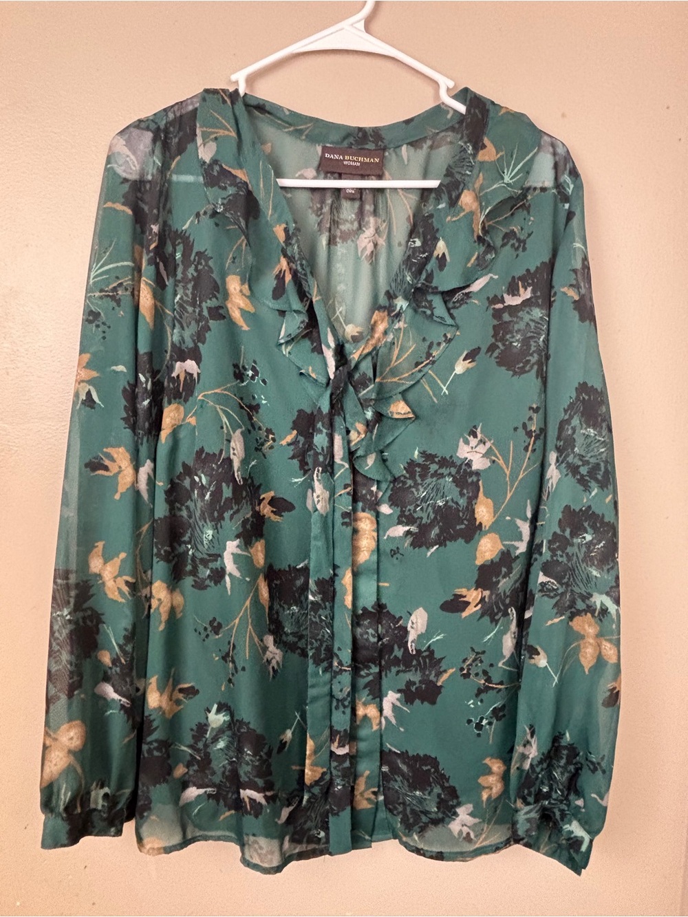 Dana Buchman Teal Floral Ruffle V-Neck Blouse